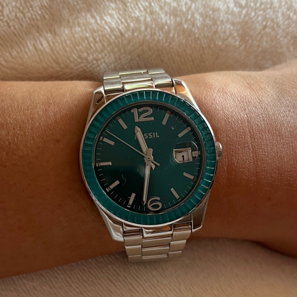 Fossil Green Dial Silver Watch
